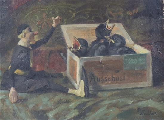 Renz Waller (b.1895) oil on canvas, Puppet beside blackbirds in a cigar box, signed, 38 x 53cm, unframed